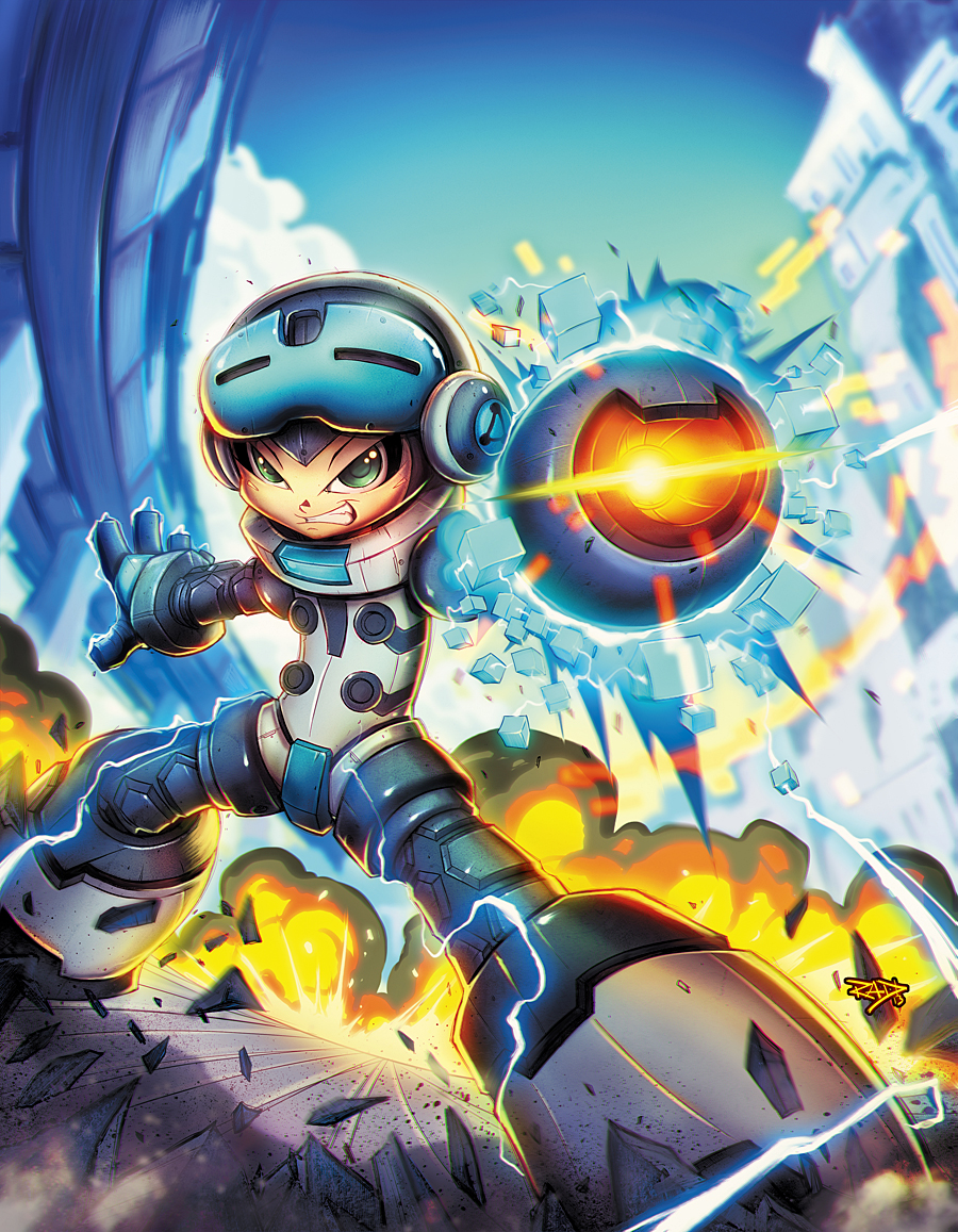 arm_cannon, beck_(mighty_no._9), electricity, explosion, green_eyes, helmet, mighty_no._9, rob_duenas, robot, weapon