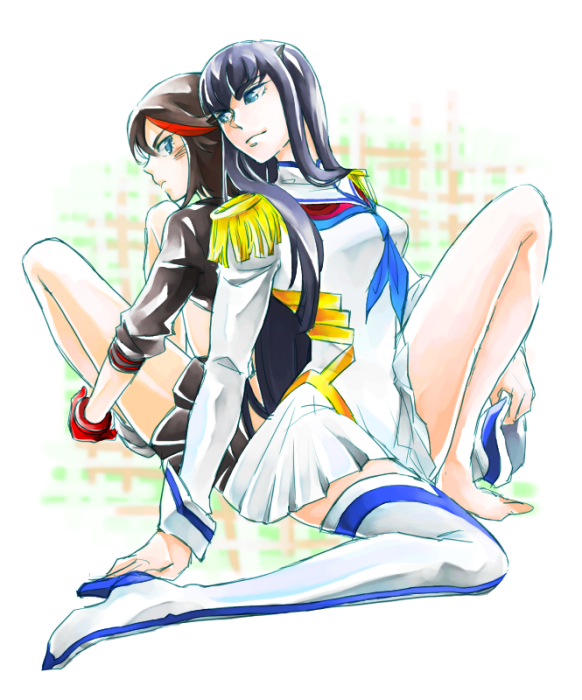 2girls, back-to-back, black_hair, blue_eyes, boots, dress, epaulettes, junketsu