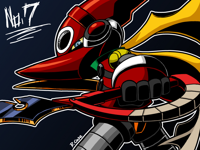 blue_eyes, dual_wielding, mighty_no._7, mighty_no._9, robert_j_case, robot, scarf, scissor_blade