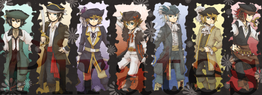 6+boys, alternate_costume, axel, black_hair, blonde_hair, blue_eyes, boots, brown_hair