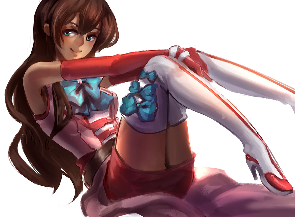 1girl, 34_(hakunimu), blue_eyes, boots, breasts, brown_hair, elbow_gloves, gloves, high_heel_boots, high_heels, knees_together_feet_apart, long_hair, miniskirt, morte_ashera, pencil_skirt, red_gloves, showgirl_skirt, sitting, skirt, smile, solo, thigh_boots, thighhighs, world_destruction