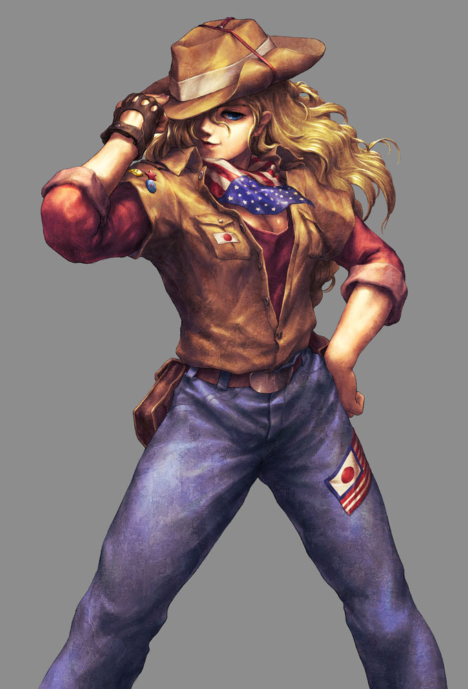 1girl, american_flag, artist_request, bag, belt, belt_buckle, blonde_hair, blue_eyes
