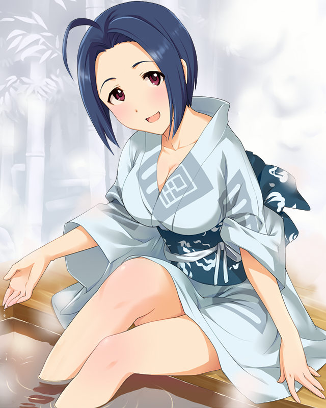 1girl, artist_request, blue_hair, breasts, character_name, cleavage, diamond_(symbol), feet_in_water