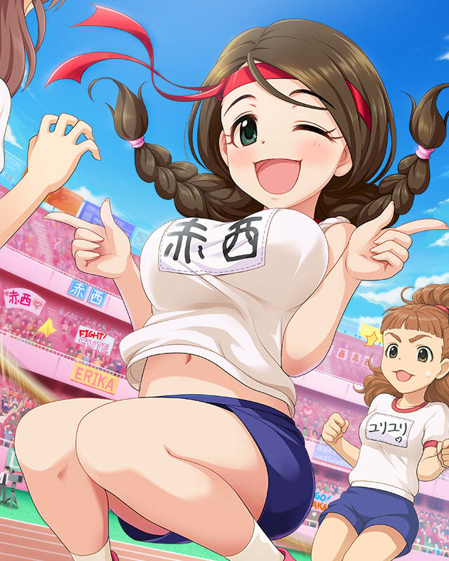 2girls, akanishi_erika, artist_request, braid, brown_eyes, brown_hair, buruma, green_eyes