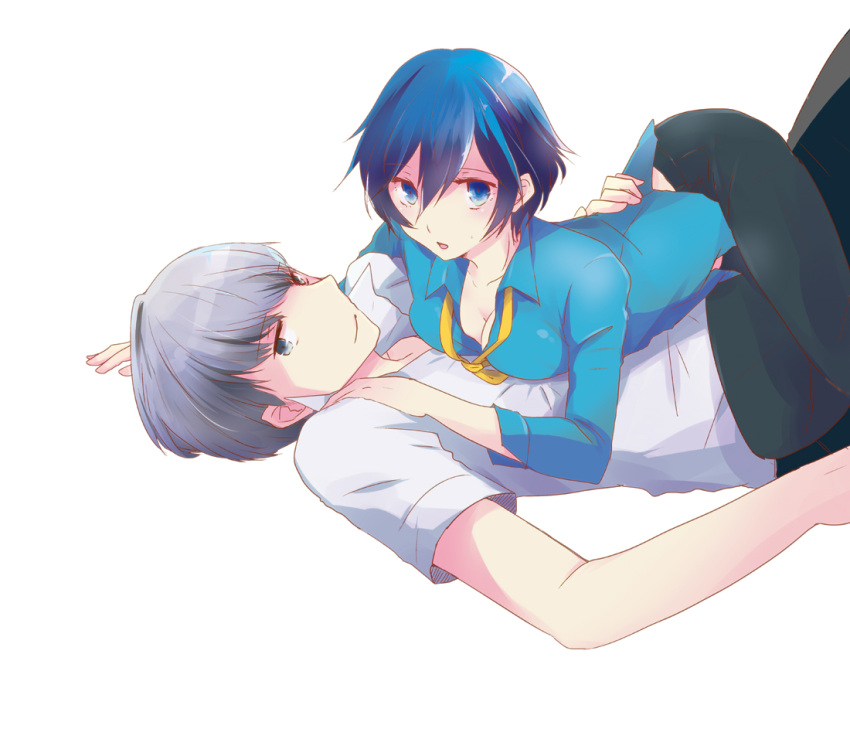 1boy, 1girl, blue_eyes, blue_hair, breasts, cleavage, couple, dress_shirt