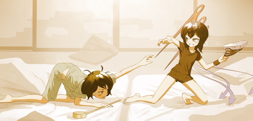 2girls, antenna_hair, asymmetrical_wings, barefoot, black_hair, black_shirt, boyshorts, casual, feet, frown, futon, grin, hat, hat_removed, headwear_removed, hishaku, holding, holding_hat, houjuu_nue, indoors, messy_hair, multiple_girls, murasa_minamitsu, pillow, reaching, recoil, sailor_hat, shirt, short_hair, short_sleeves, sleeves_rolled_up, smile, sweatdrop, t-shirt, teasing, top-down_bottom-up, touhou, underwear, underwear_only, unhappy, wings, wrist_cuffs, yamamomo2001