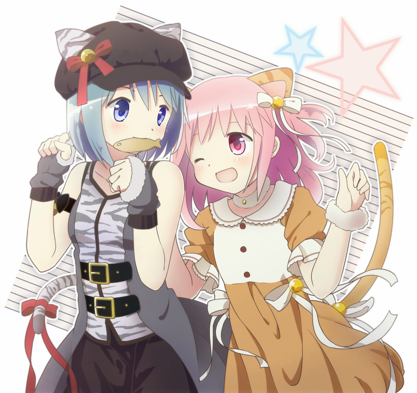 2girls, alternate_costume, animal_ears, belt, blue_eyes, blue_hair, cabbie_hat, casual