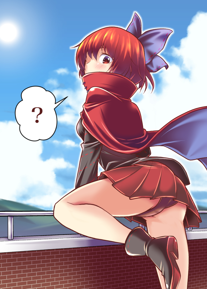 1girl, ?, blush, boots, bow, cape, hair_bow, looking_at_viewer