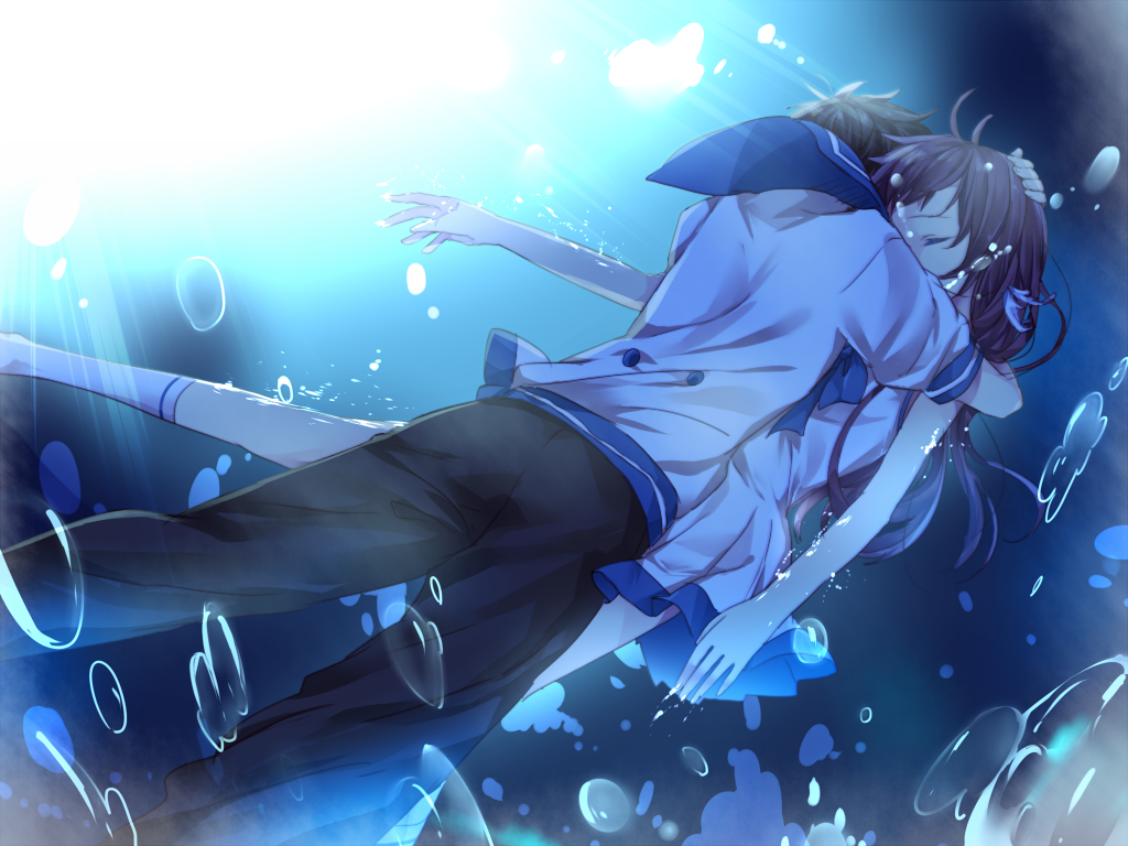 1boy, 1girl, brown_hair, closed_eyes, couple, hachimikks_(artist), hug, long_hair
