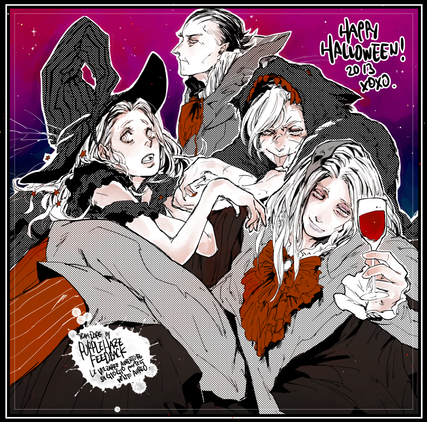 1girl, 3boys, angelica_attanasio, aviquaimots, black_hair, cape, cup, happy_halloween