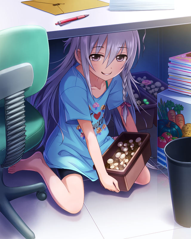 1girl, ahoge, artist_request, barefoot, book, braid, carrot, chair