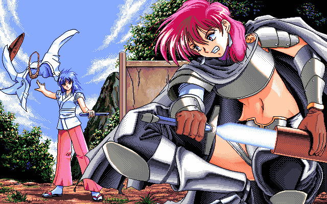 angry, armor, artist_request, blue_hair, blue_sky, forest, hat, hercequary