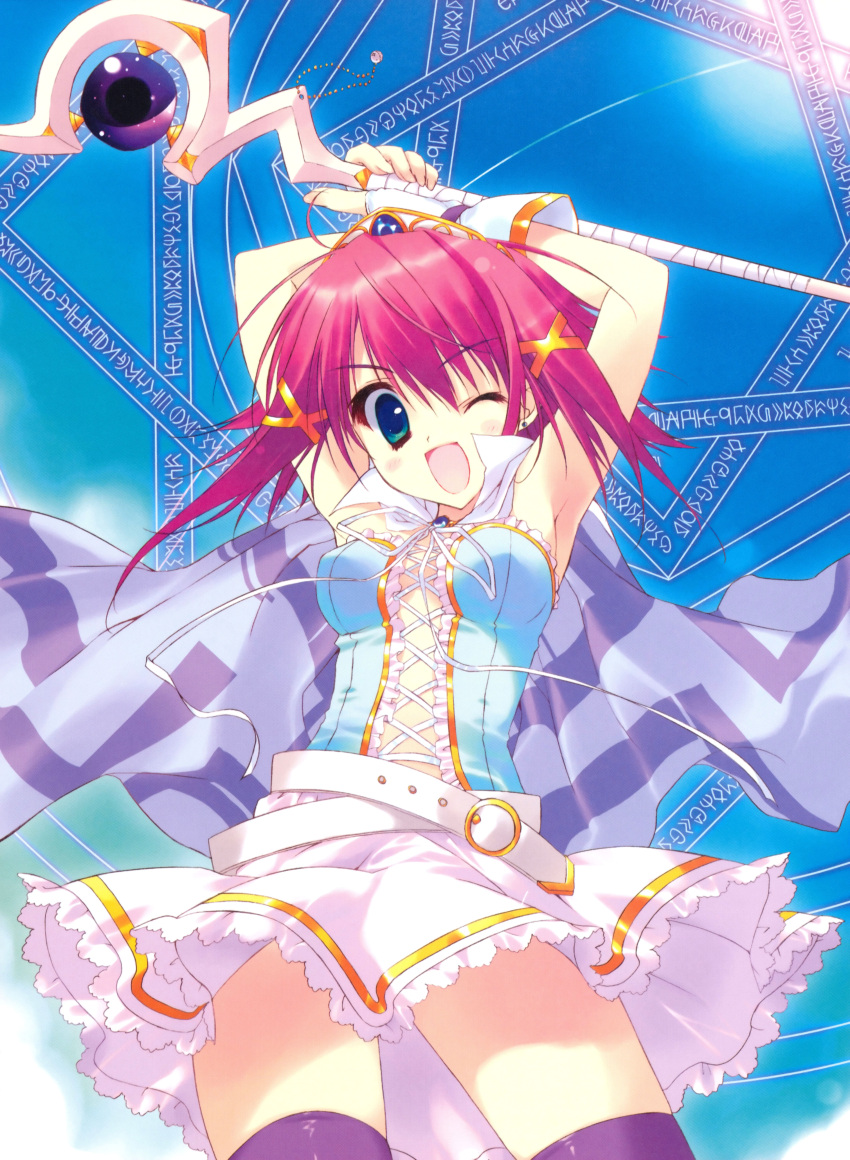 1girl, ;d, absurdres, arms_up, black_legwear, blue_eyes, breasts, cape