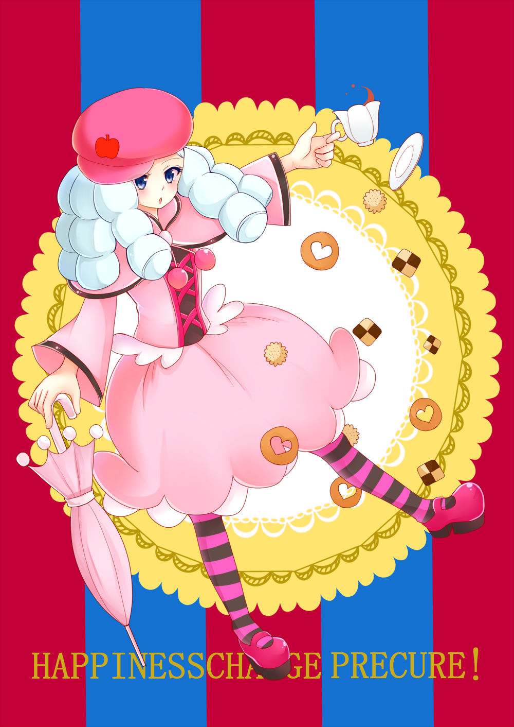 1girl, blue_eyes, blue_hair, checkerboard_cookie, closed_umbrella, cookie, copyright_name, cup
