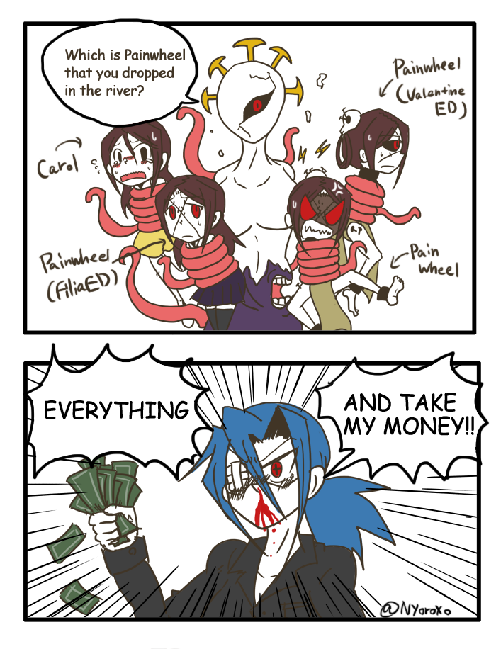+_+, 2koma, black_sclera, blood, blue_hair, blush, brown_hair, carol_(skullgirls)