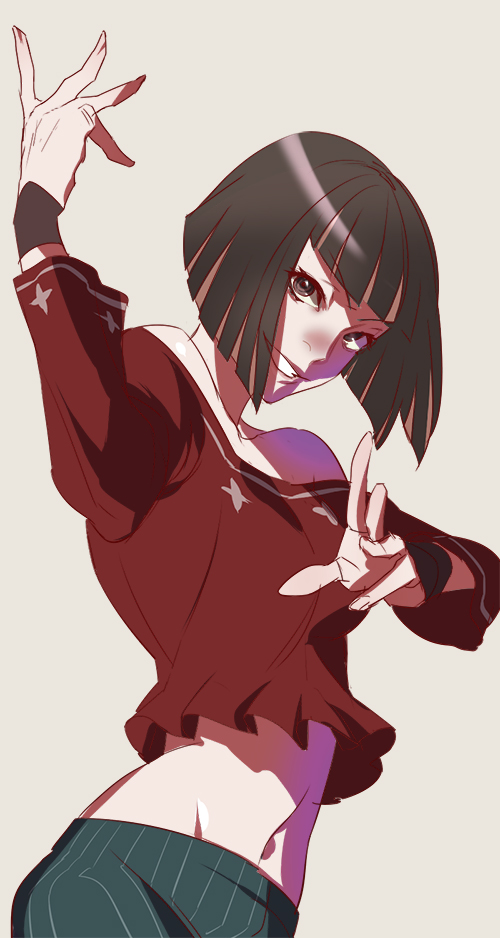 1girl, black_hair, bob_cut, brown_hair, cross_(togano), grin, kagenui_yozuru, monogatari_(series), multicolored_hair, navel, short_hair, smile, solo, two-tone_hair
