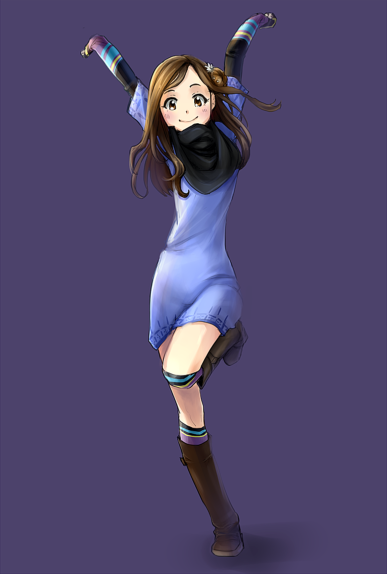 1girl, arms_up, bangs, blush, boots, brown_eyes, brown_hair, drawfag