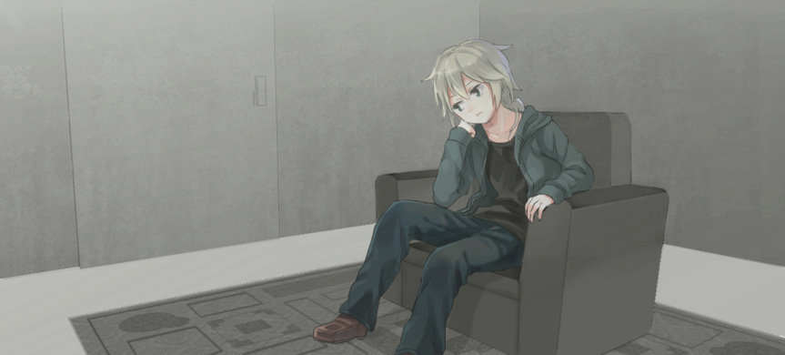 1boy, armchair, chair, coat, full_body, head_rest, hood, indoors