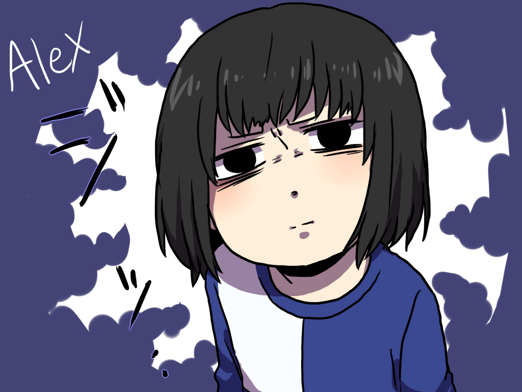 1boy, alex_(inspiration), black_hair, bob_cut, character_name, inspiration, looking_at_viewer, male, serious, solo, yarisenai_(minuda59)