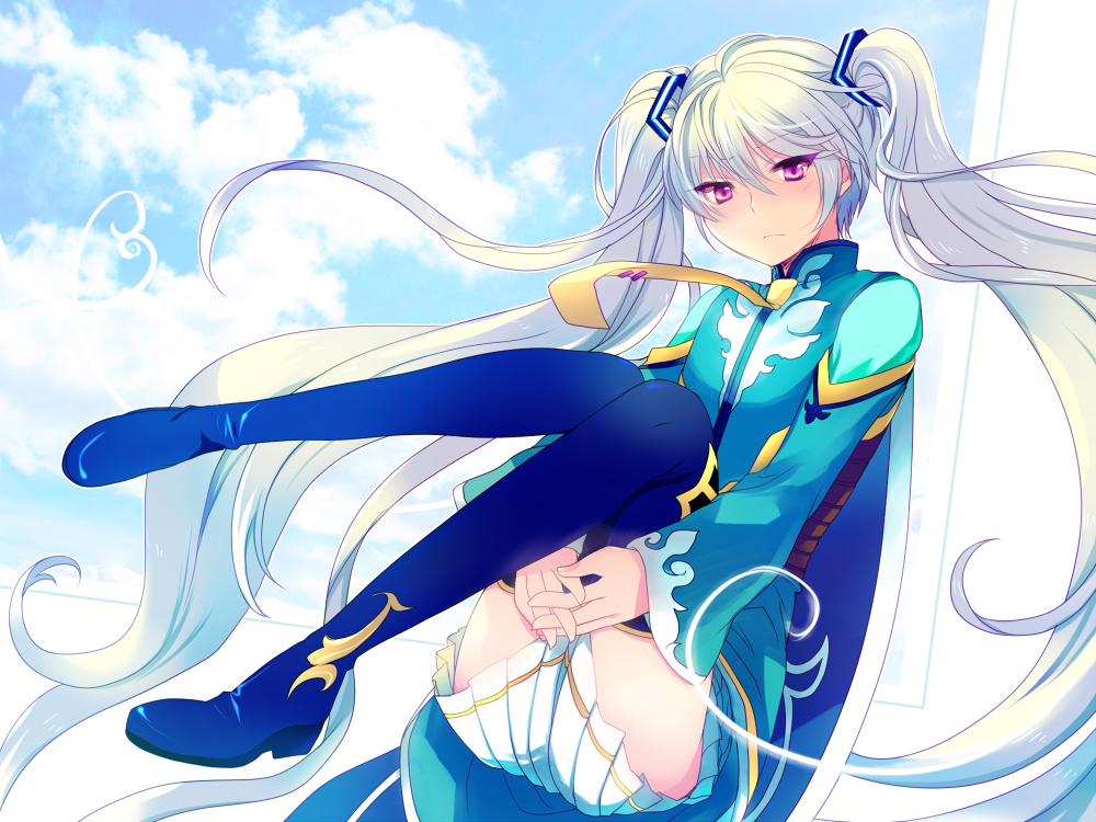 1girl, albino, alternate_hair_length, alternate_hairstyle, blue_legwear, boots, clouds, covering, frown, genderswap, jacket, long_hair, miclio_(tales), miyu_(matsunohara), necktie, pink_eyes, skirt, sky, solo, tales_of_(series), tales_of_zestiria, thigh_boots, thighhighs, twintails, white_hair, white_skirt