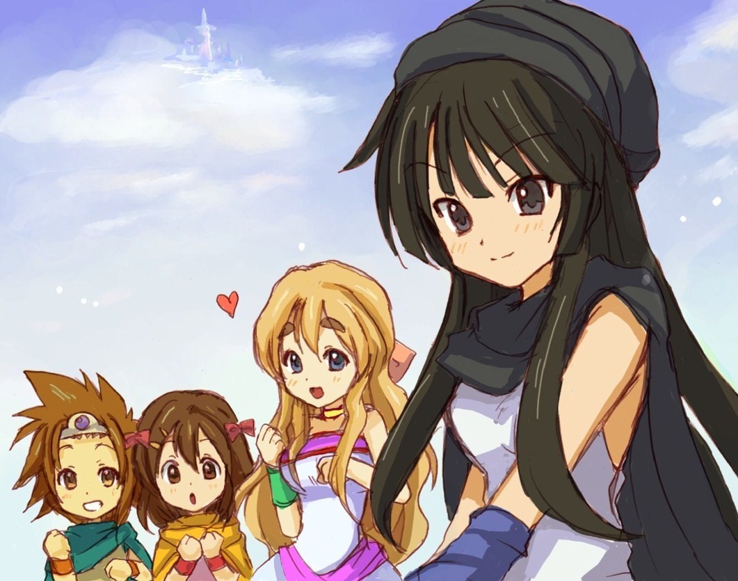 akiyama_mio, bangs, bare_shoulders, black_eyes, black_hair, blonde_hair, blue_eyes, blunt_bangs