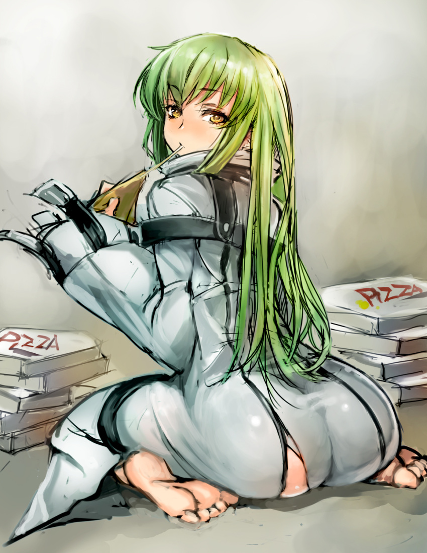 1girl, ass, barefoot, c.c., code_geass, feet, food, green_hair, highres, long_hair, looking_at_viewer, looking_back, pizza, pizza_box, raised_eyebrows, sitting, solo, taishi_(artist), torn_clothes, wariza, yellow_eyes