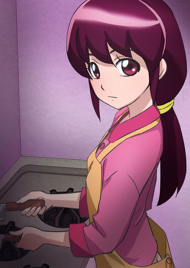 1girl, aino_kaori, apron, happinesscharge_precure!, haruyama_kazunori, long_hair, looking_at_viewer, ponytail, precure, red_eyes, redhead, solo