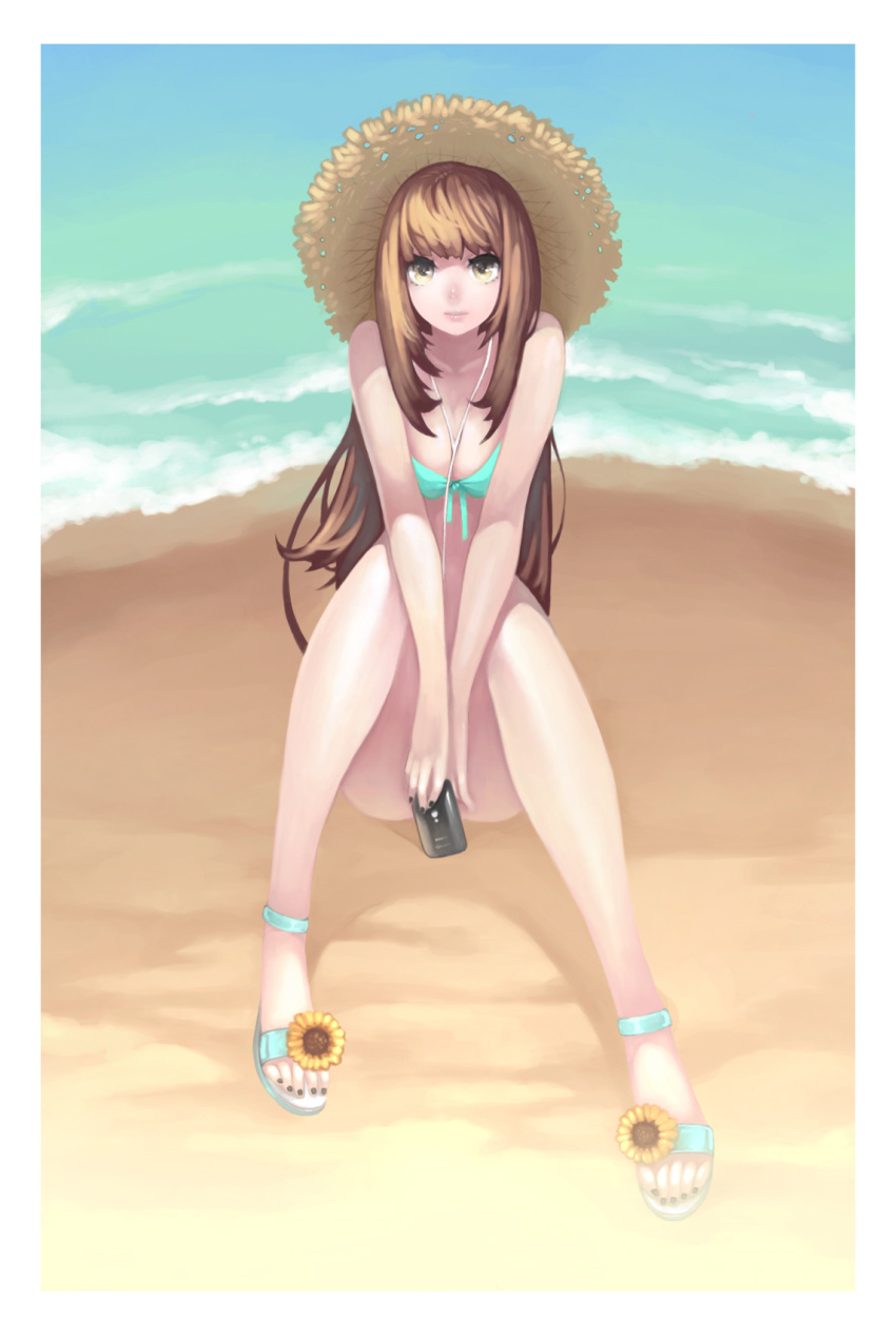bikini, brown_hair, earphones, fasces, hat, highres, long_hair, sitting