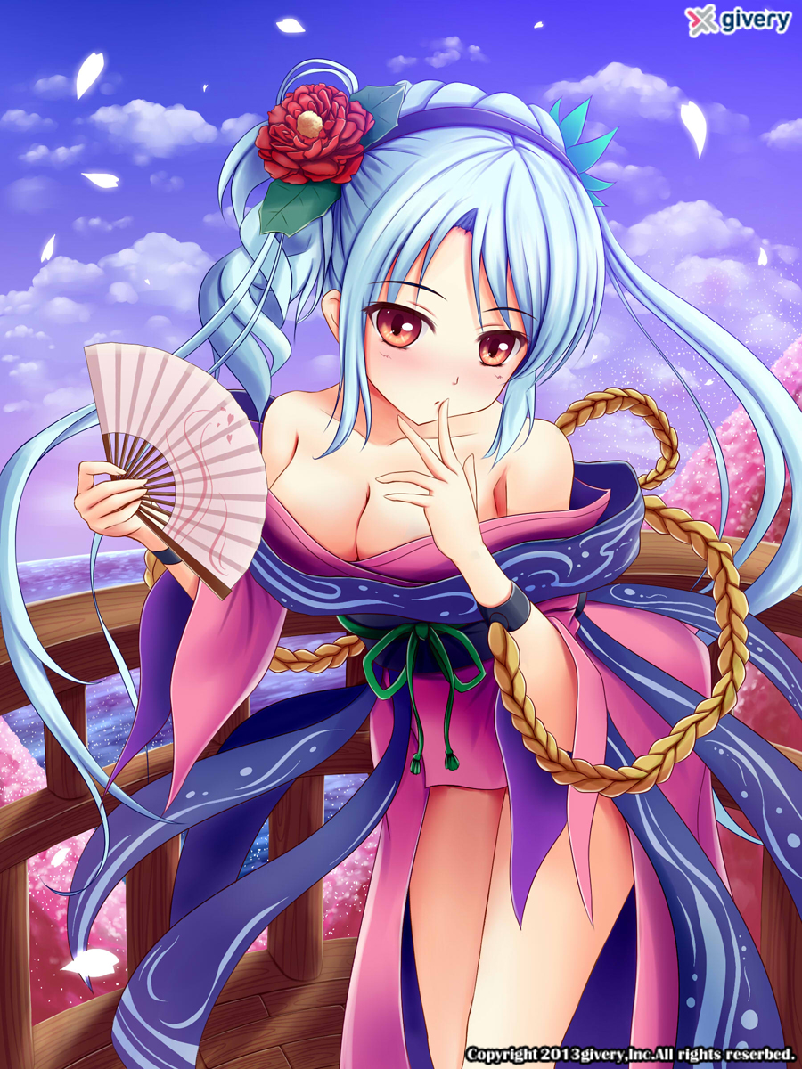 1girl, blue_hair, blue_sky, braid, breasts, bridge, brown_hair, cherry_blossoms, chinese_clothes, cleavage, fan, flower, hair_flower, hair_ornament, highres, kirisaki_megumi, petals, rope, shimenawa, sky