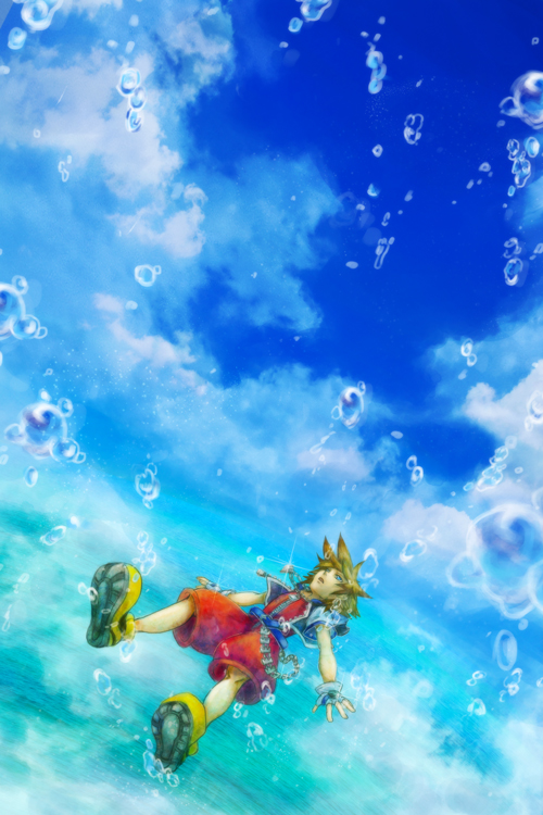 1boy, chain_necklace, clouds, fingerless_gloves, gloves, jellybeans0101, kingdom_hearts, solo, sora_(kingdom_hearts), water