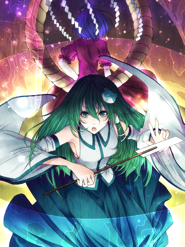detached_sleeves, frog, gohei, green_eyes, green_hair, hair_ornament, japanese_clothes, kochiya_sanae