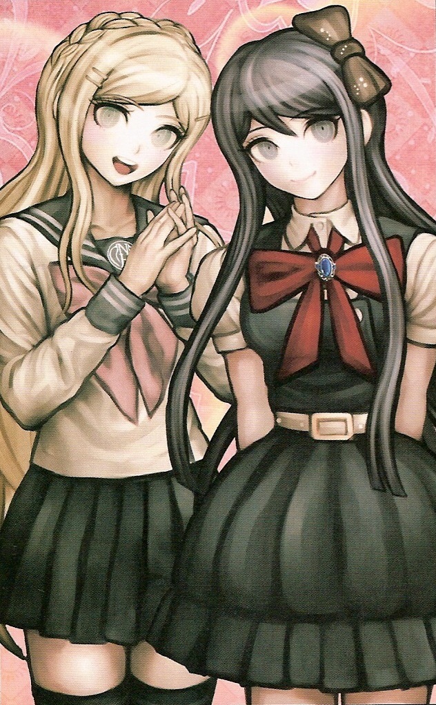 2girls, belt, black_legwear, blonde_hair, blue_eyes, blue_hair, bow, braid