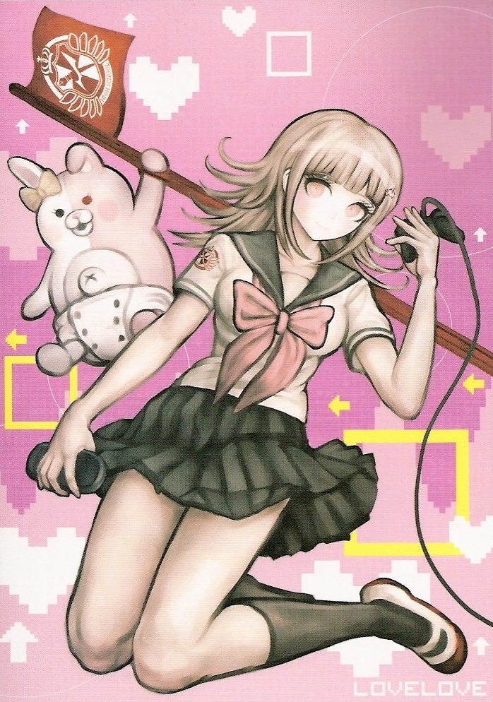 1girl, black_legwear, bow, brown_hair, dangan_ronpa, directional_arrow, flag, flipped_hair