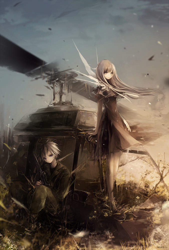 1boy, 1girl, artist_name, asahiro_(algl), black_dress, camouflage, dress, fairy_wings