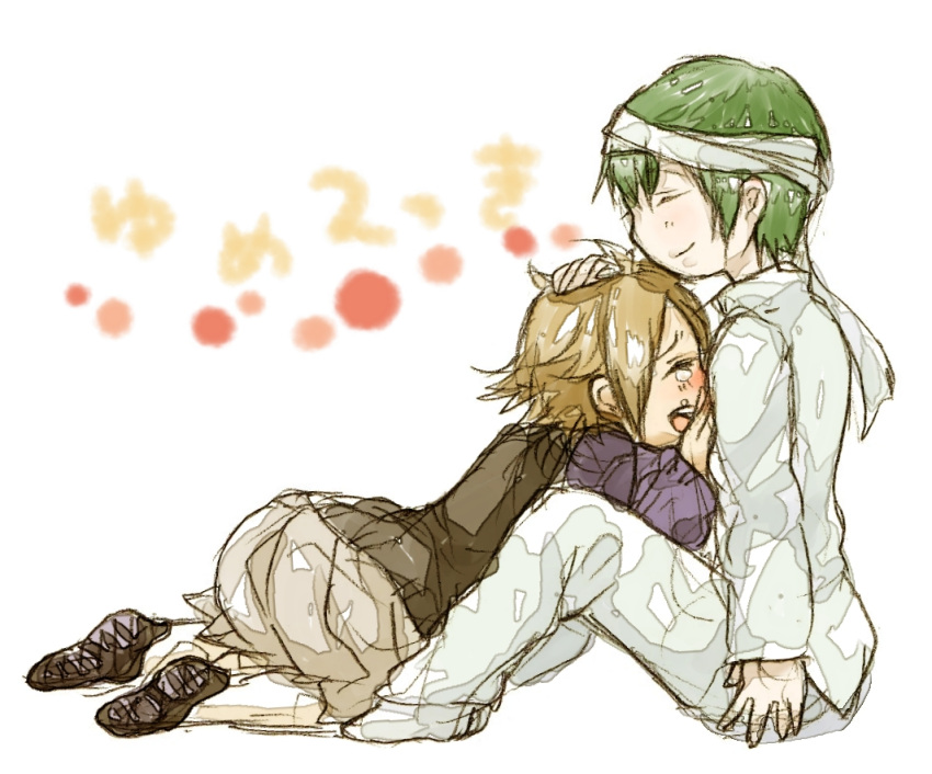 1boy, 1girl, ^_^, aojiru_(yume_2kki), blonde_hair, closed_eyes, comforting, copyright_name, crying, full_body, green_hair, hand_on_head, kneeling, labyrinth_(hugensupana), pajamas, short_hair, sketch, tears, urotsuki, yume_2kki
