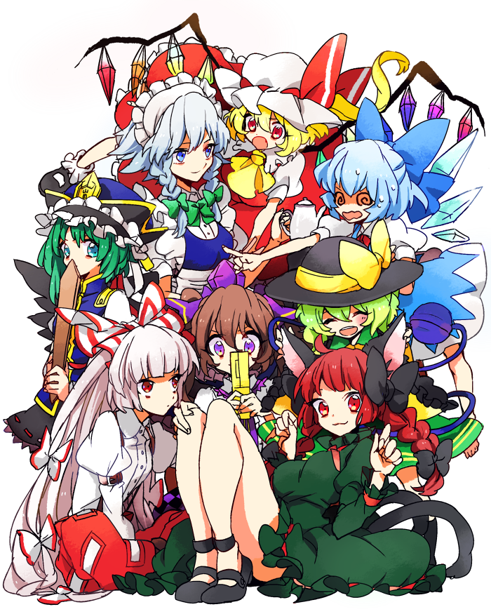 6+_girls, animal_ears, blonde_hair, blue_eyes, blue_hair, bow, braid, breasts