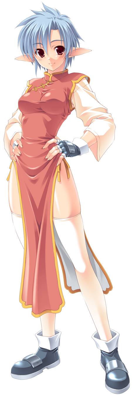 china_dress, chinadress, chinese_clothes, fingerless_gloves, gloves, highres, huey_ranfaruto, kuroneko_sakon, legs, original, pointy_ears, red_eyes, short_hair, solo, standing, studio_tiara, thighhighs