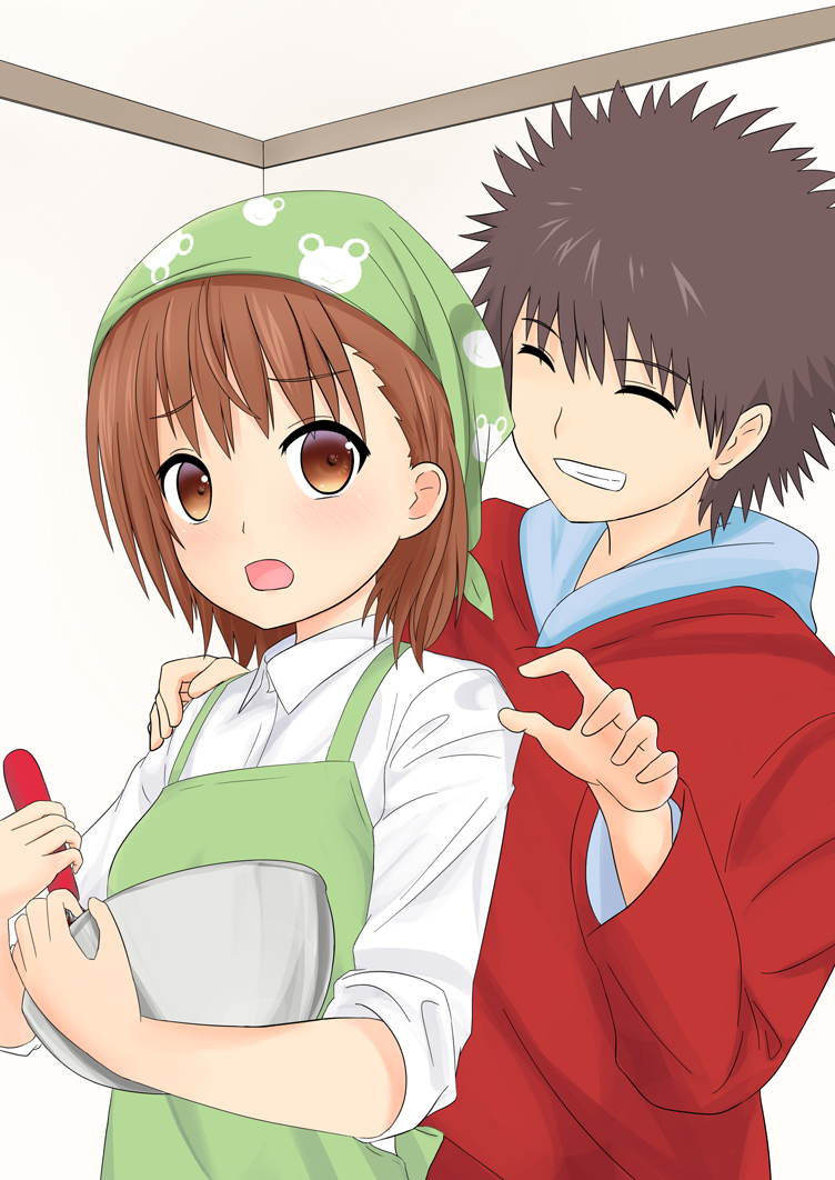 1boy, 1girl, apron, bandana, black_hair, bowl, brown_eyes, brown_hair