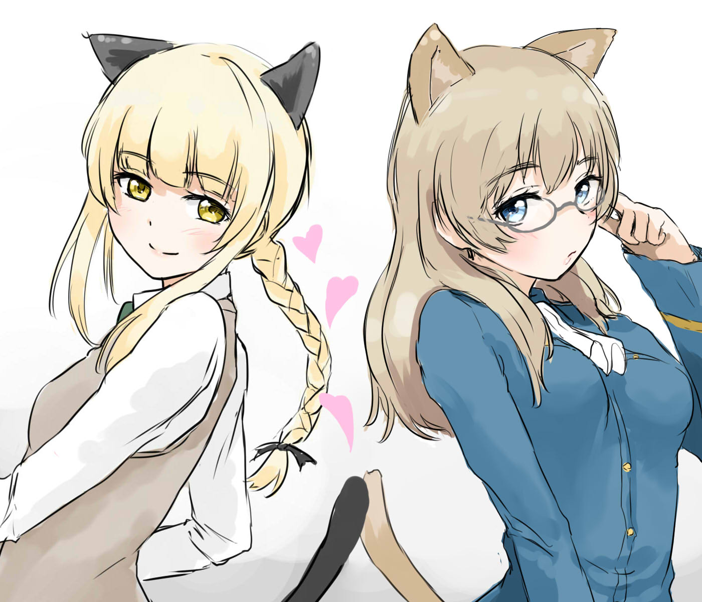 2girls, alternate_hairstyle, animal_ears, bespectacled, blonde_hair, blue_eyes, braid, brown_hair