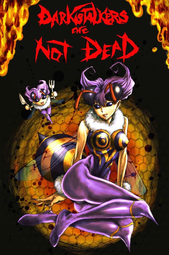 1girl, antennae, bee_girl, breasts, chibi_inset, compound_eyes, drooling, extra_eyes, honey, honeycomb_background, insect_girl, insect_wings, kawo-ri, leotard, monster_girl, pantyhose, purple_hair, purple_legwear, q-bee, sleeveless, spikes, vampire_(game), violet_eyes, wings