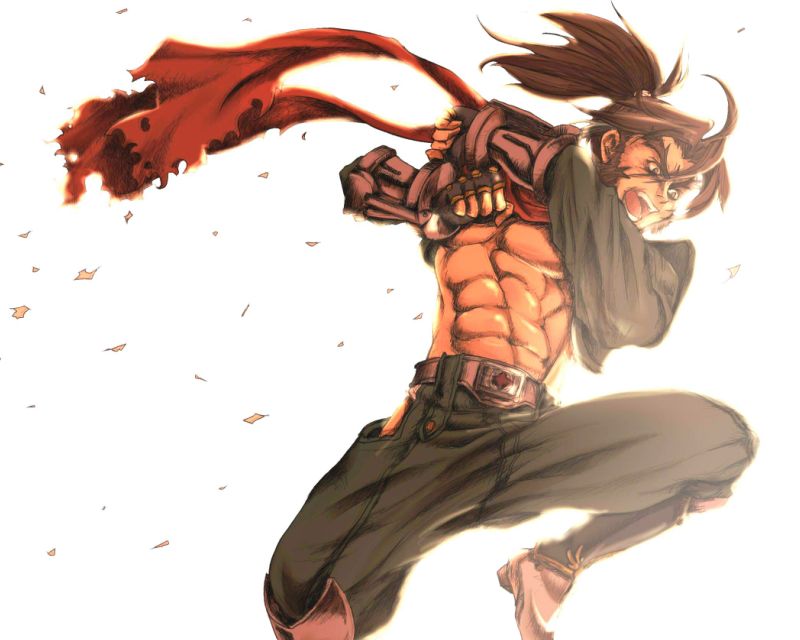 1boy, abs, blazblue, brown_eyes, brown_hair, elbow_gloves, eyebrows, fingerless_gloves