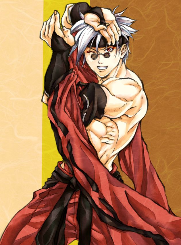 1boy, abs, alternate_color, anji_mito, bridal_gauntlets, detached_sleeves, glasses, guilty_gear