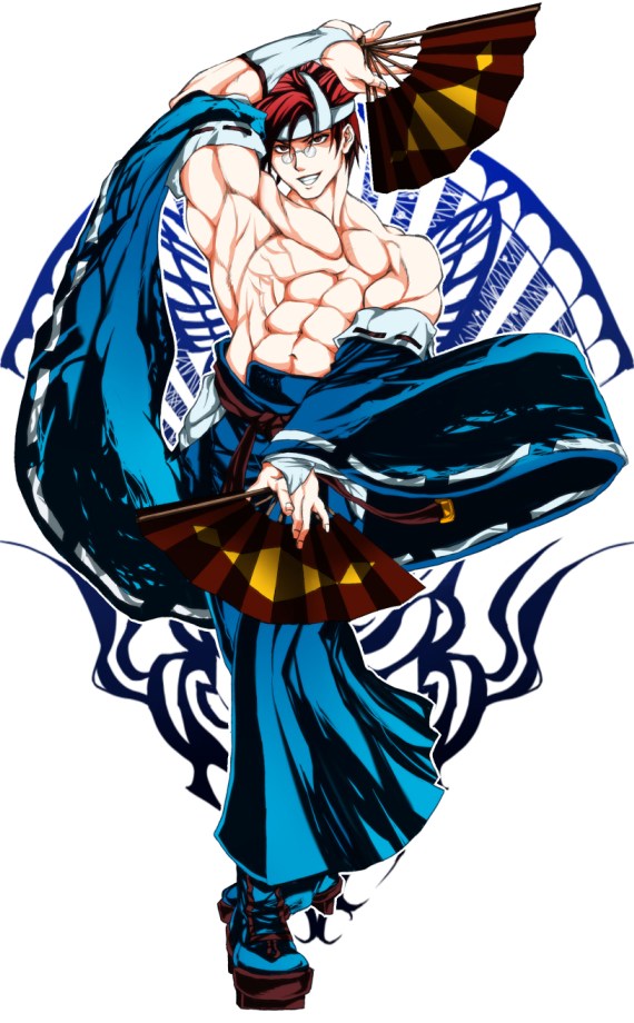 1boy, abs, anji_mito, brown_eyes, brown_hair, detached_sleeves, dual_wielding, fan