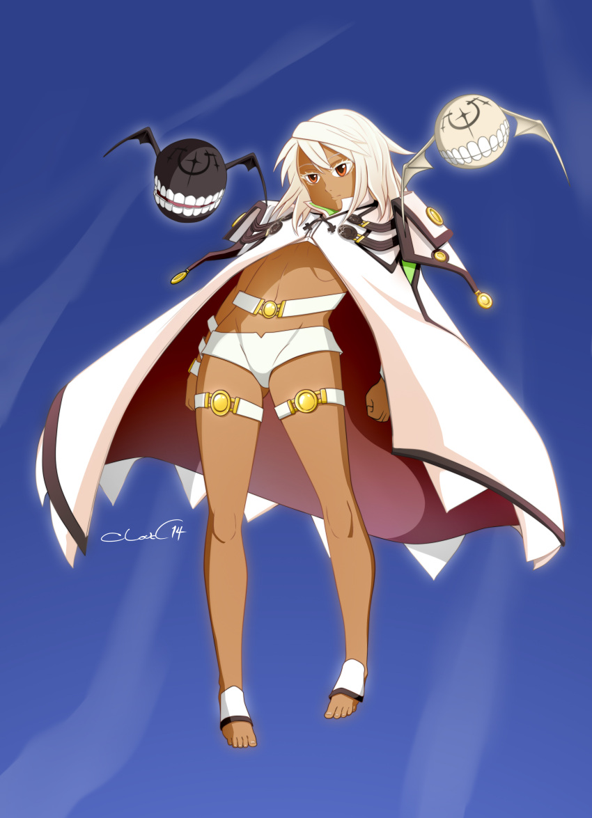 1girl, absurdres, barefoot, belt, cape, cloudxmoe, creature, dark_skin