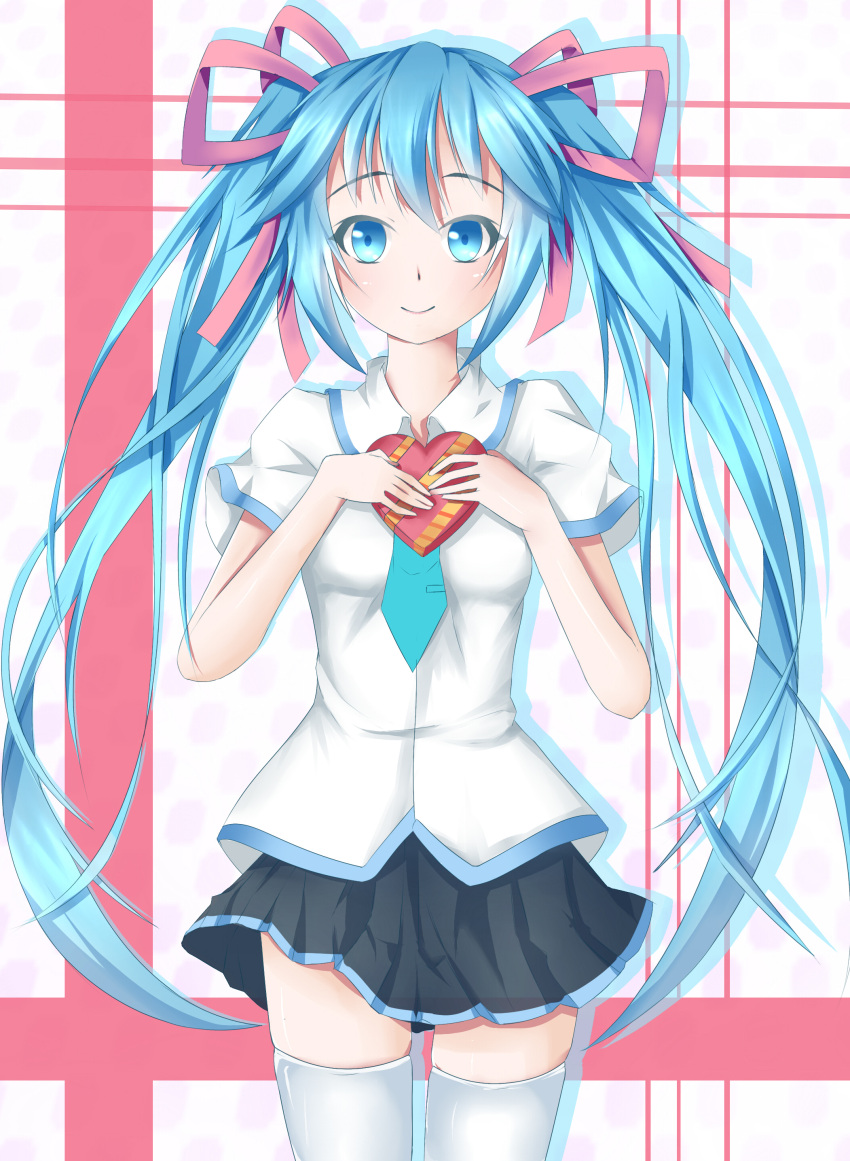 1girl, absurdres, blue_eyes, blue_hair, hair_ribbon, hands_on_own_chest, hatsune_miku, heart
