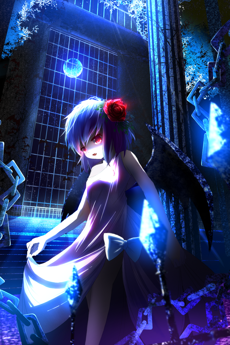 1girl, alternate_costume, bat, bat_wings, blue_hair, bow, chain, fang, flower, full_moon, hair_flower, hair_ornament, highres, iron_bars, looking_at_viewer, moon, moonlight, night, nightgown, off_shoulder, open_mouth, pengin_(takeoff425), pillar, red_eyes, red_rose, remilia_scarlet, rose, short_hair, sky, solo, star_(sky), starry_sky, touhou, window, wings