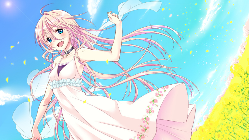 1girl, ahoge, bare_shoulders, blue_eyes, blue_sky, blush, choker, clouds