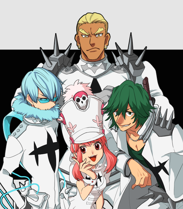 1girl, 3boys, blonde_hair, blue_hair, gamagoori_ira, glasses, green_hair, hat