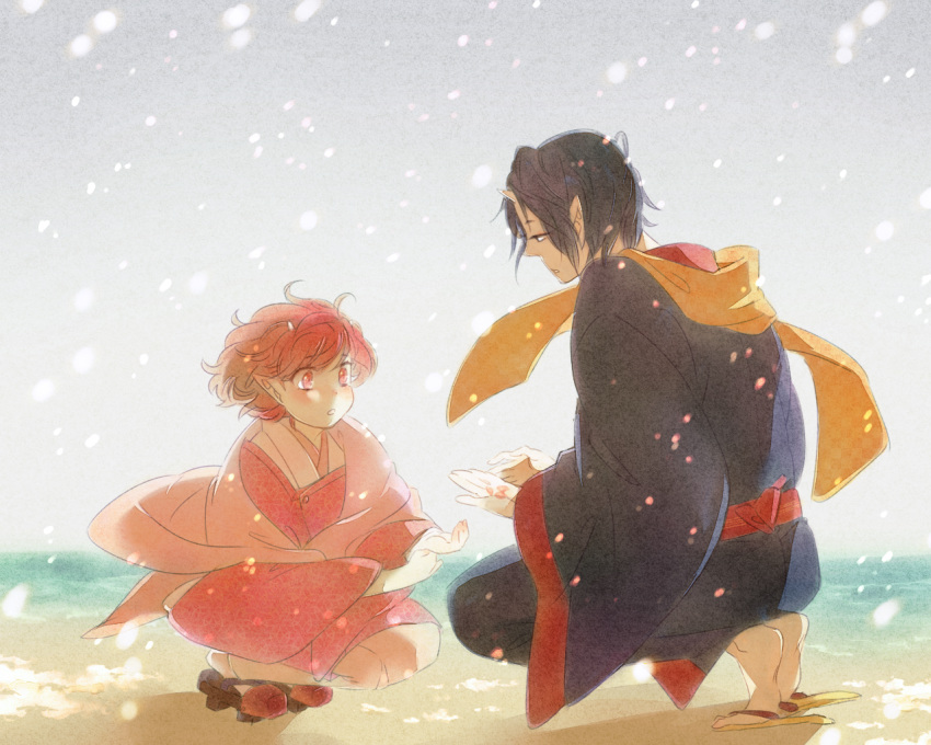 1boy, 1girl, beach, black_hair, hanayama321, hoozuki_(hoozuki_no_reitetsu), hoozuki_no_reitetsu, horn