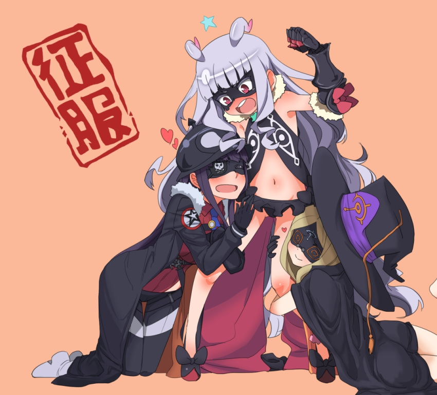 3girls, antenna_hair, bangs, bare_legs, bare_shoulders, black_gloves, black_hair, blonde_hair